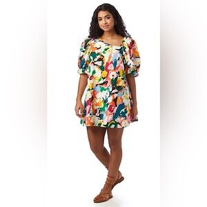 Crosby Brooklyn Technicolor Bloom Puff Sleeve Linen Mini Dress Pockets Size XS